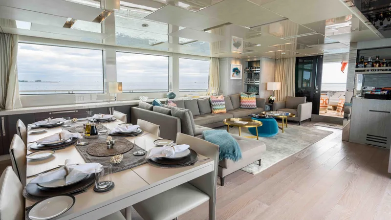 Honey Pot Yacht Photos Pics Luxurious interior of 2019 Sanlorenzo SL 106 yacht with dining and living areas.