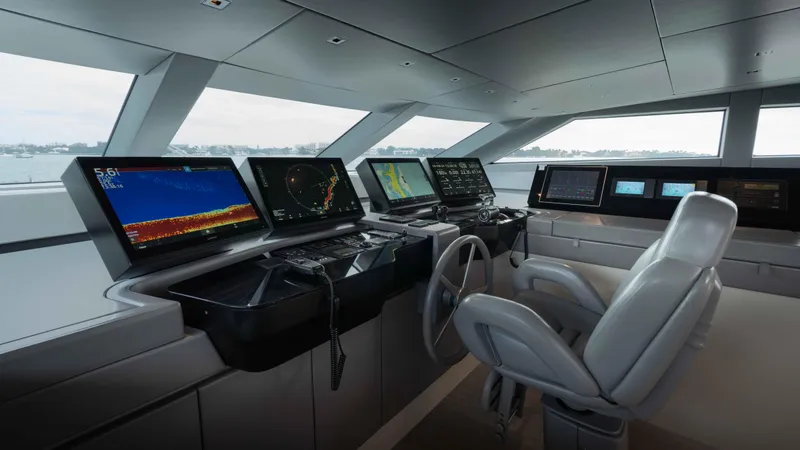 Honey Pot Yacht Photos Pics Sanlorenzo SL 106 2019 yacht helm station with advanced navigation systems.