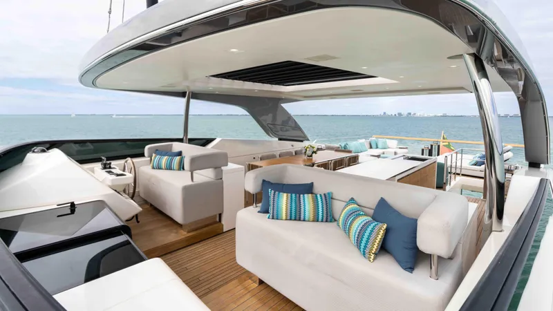 Honey Pot Yacht Photos Pics Luxurious 2019 Sanlorenzo SL 106 yacht with spacious outdoor seating area.