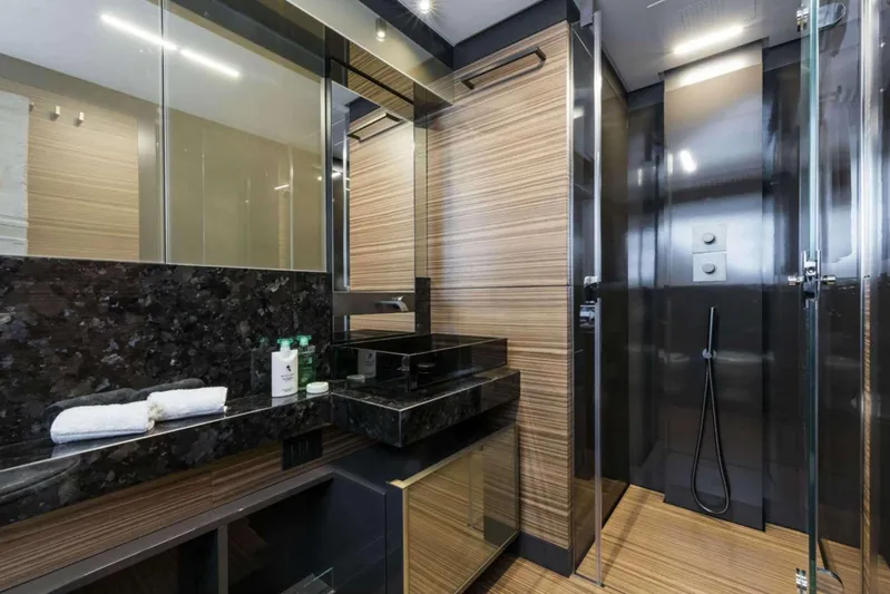  Yacht Photos Pics Luxurious bathroom in 2019 Ferretti Yachts 920, featuring modern design and elegant finishes.