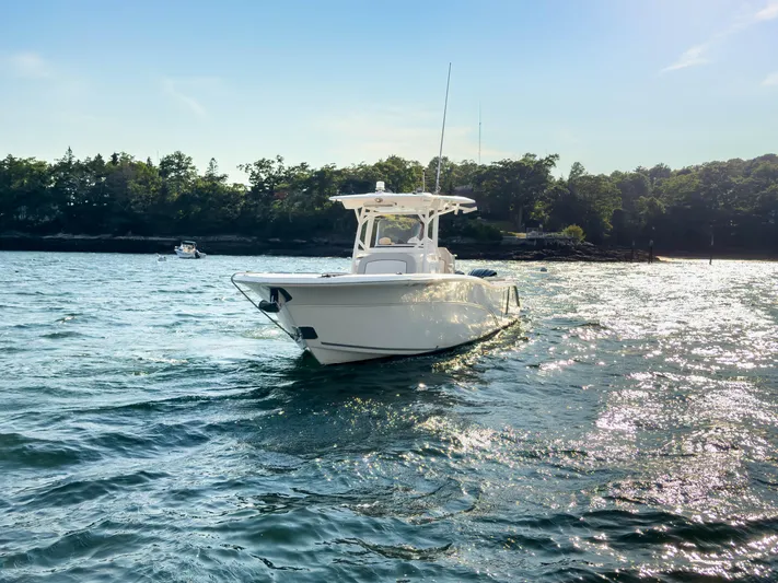 Lil Oa Yacht Photos Pics 2022 Sea Fox 288 Commander boat on shimmering water near a forested shoreline.