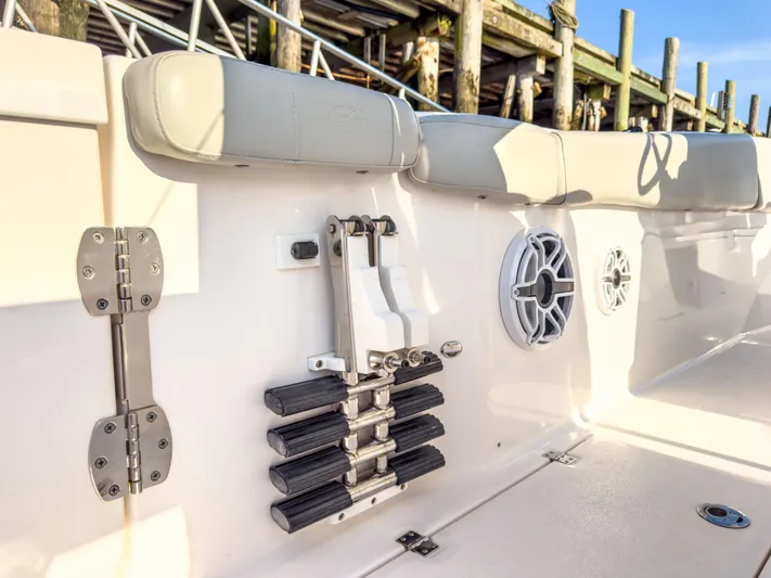 Lil Oa Yacht Photos Pics 2022 Sea Fox 288 Commander boat interior with seating, speakers, and ladder.