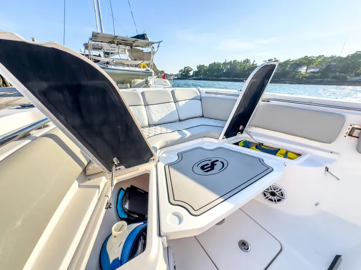 Lil Oa Yacht Photos Pics 2022 Sea Fox 288 Commander boat interior with open storage compartments and seating.