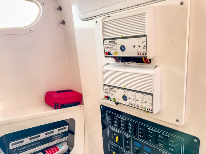 Lil Oa Yacht Photos Pics Electrical panel and equipment inside a 2022 Sea Fox 288 Commander boat.