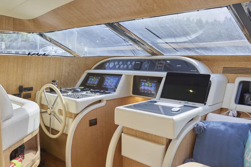  Yacht Photos Pics Luxurious 2002 Maiora 20 yacht helm with modern navigation equipment and wooden interior.