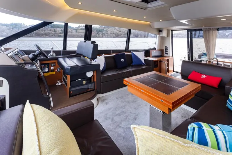 Little Nellie Yacht Photos Pics Luxurious interior of a 2017 Prestige 560 yacht with modern seating and scenic windows.