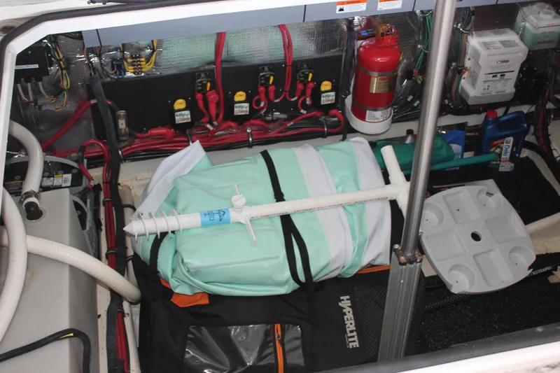  Yacht Photos Pics Engine compartment of 2021 Regal 33 XO boat with equipment and wiring.