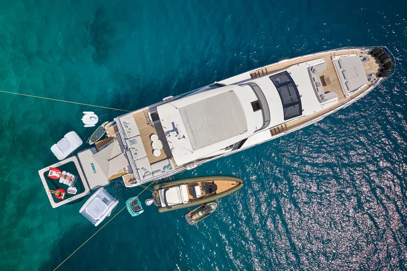 Aluminia Too Yacht Photos Pics Aerial view of 2024 Azimut Grande 27M yacht with watercraft and inflatables.