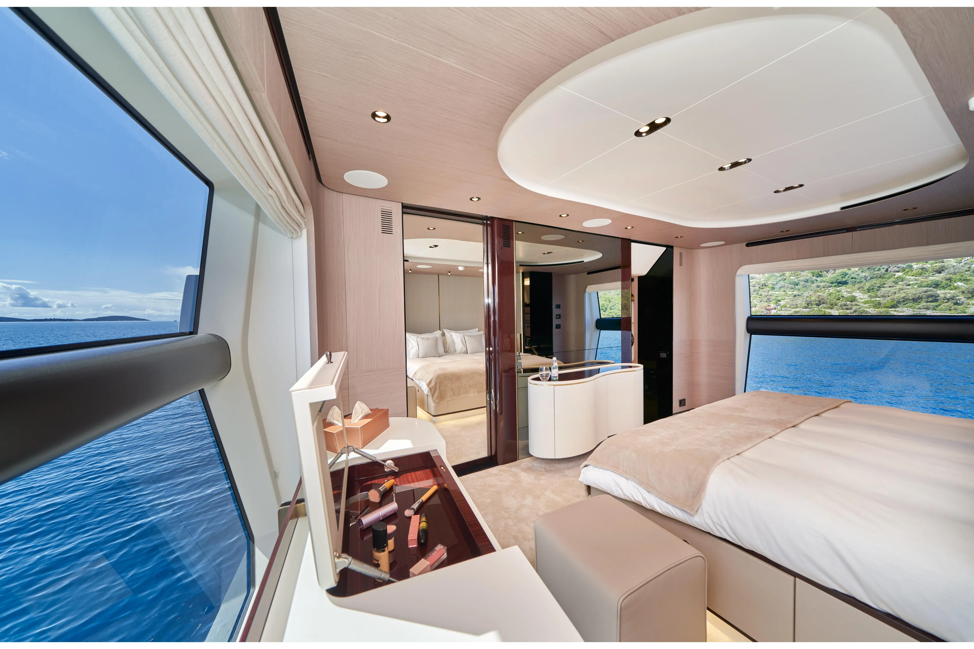 Aluminia Too Yacht Photos Pics Luxurious interior of 2024 Azimut Grande 27M yacht with ocean view and elegant furnishings.