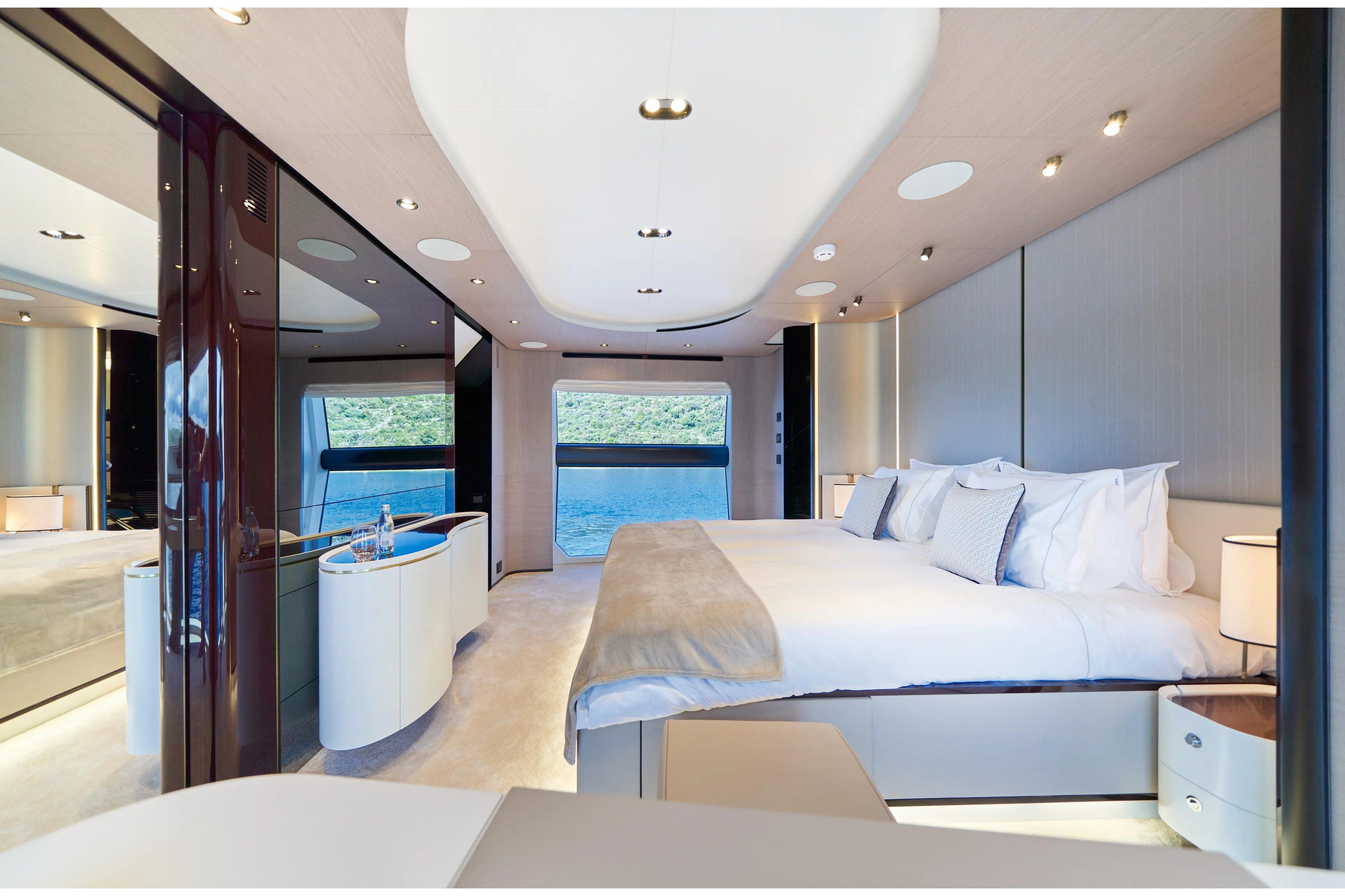 Aluminia Too Yacht Photos Pics Luxurious bedroom interior of 2024 Azimut Grande 27M yacht with ocean view.