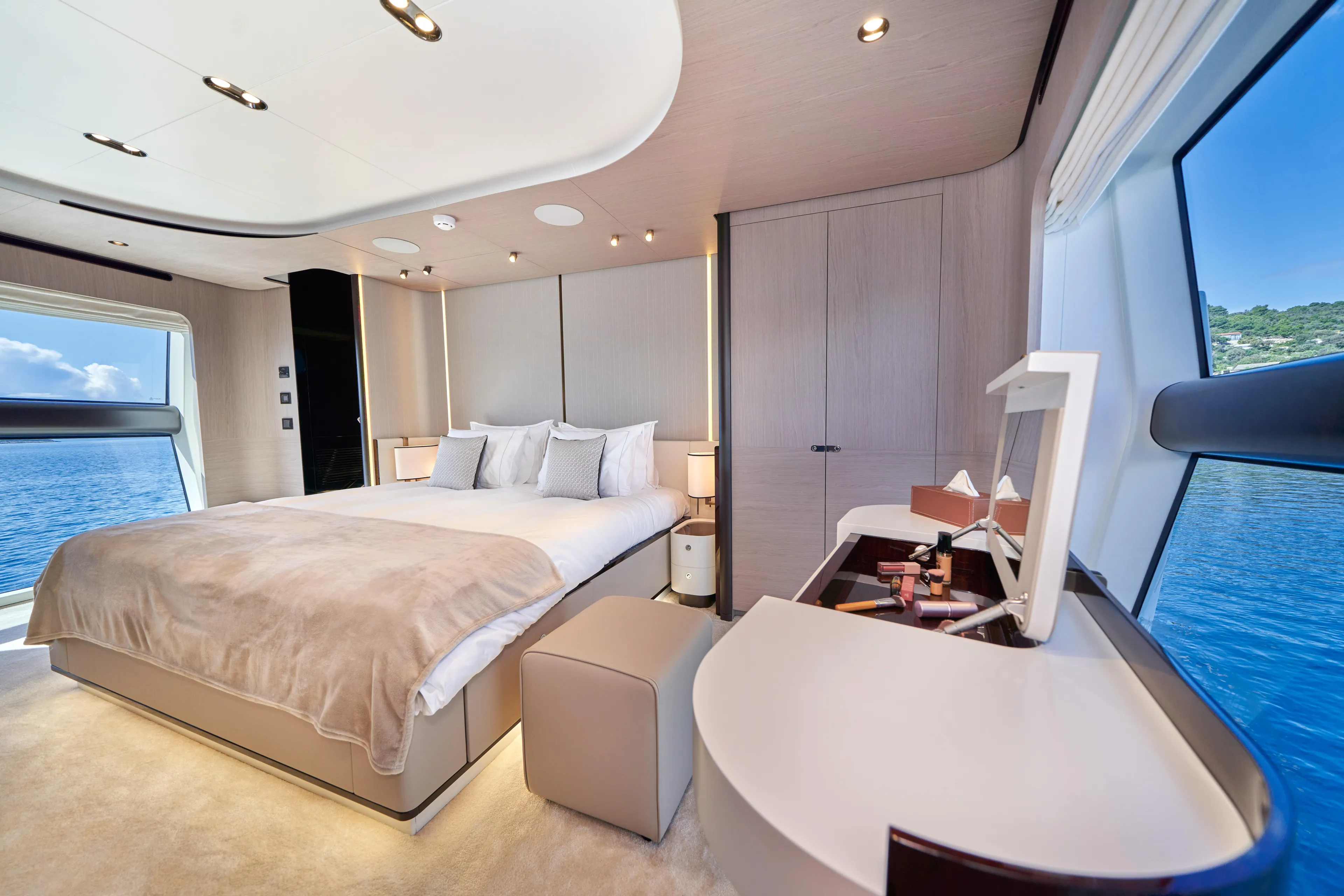 Aluminia Too Yacht Photos Pics Luxurious bedroom interior of 2024 Azimut Grande 27M yacht with ocean view.