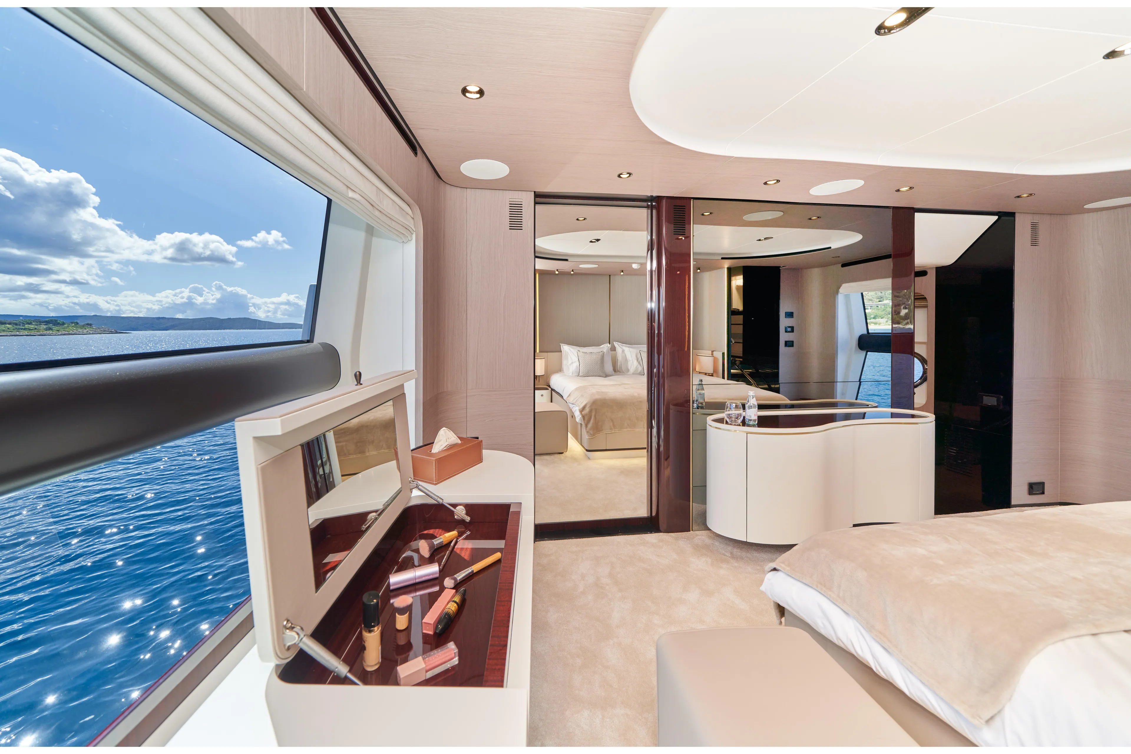 Aluminia Too Yacht Photos Pics Luxurious interior of 2024 Azimut Grande 27M yacht with ocean view and elegant furnishings.
