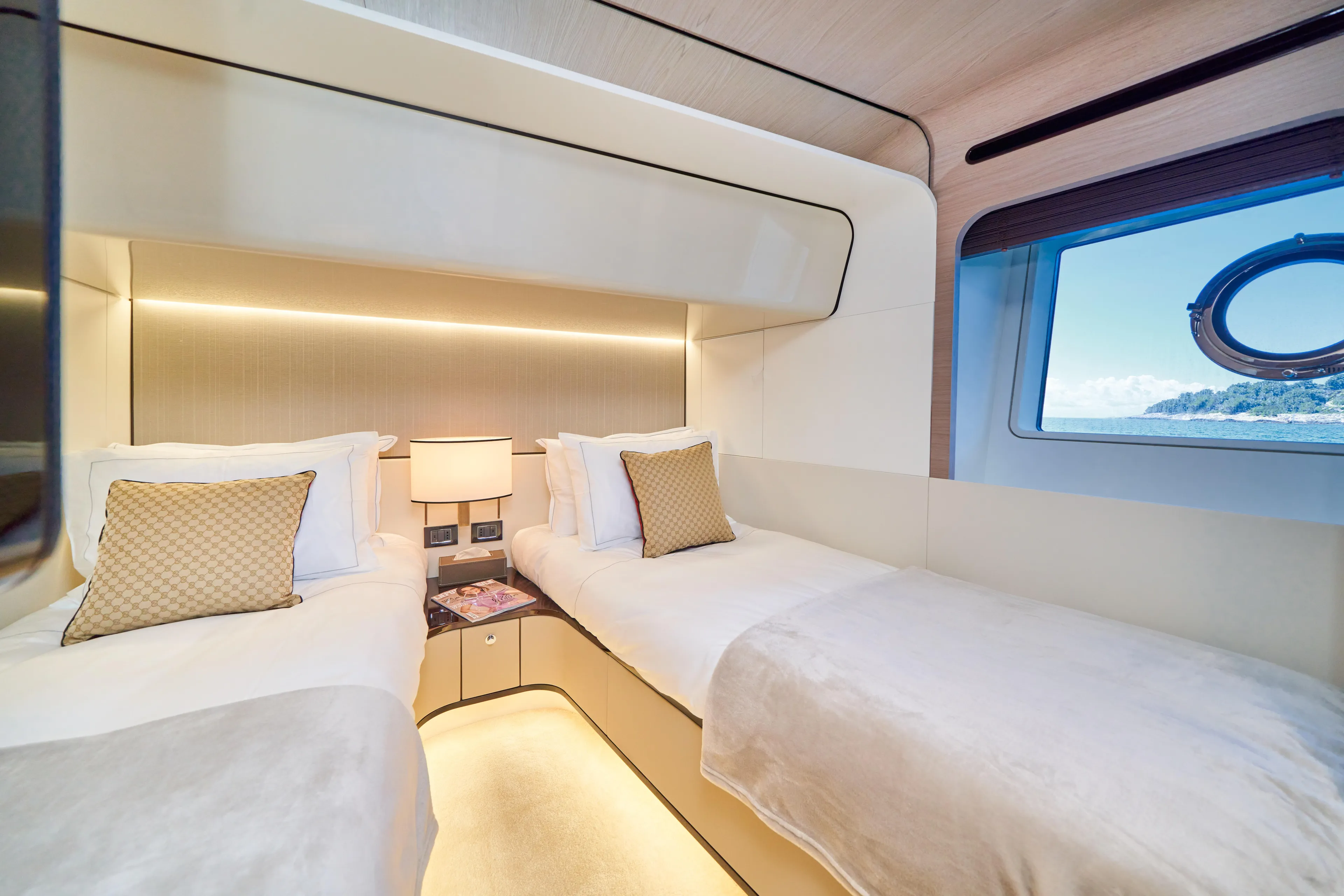 Aluminia Too Yacht Photos Pics Luxurious twin cabin interior of 2024 Azimut Grande 27M yacht with ocean view.