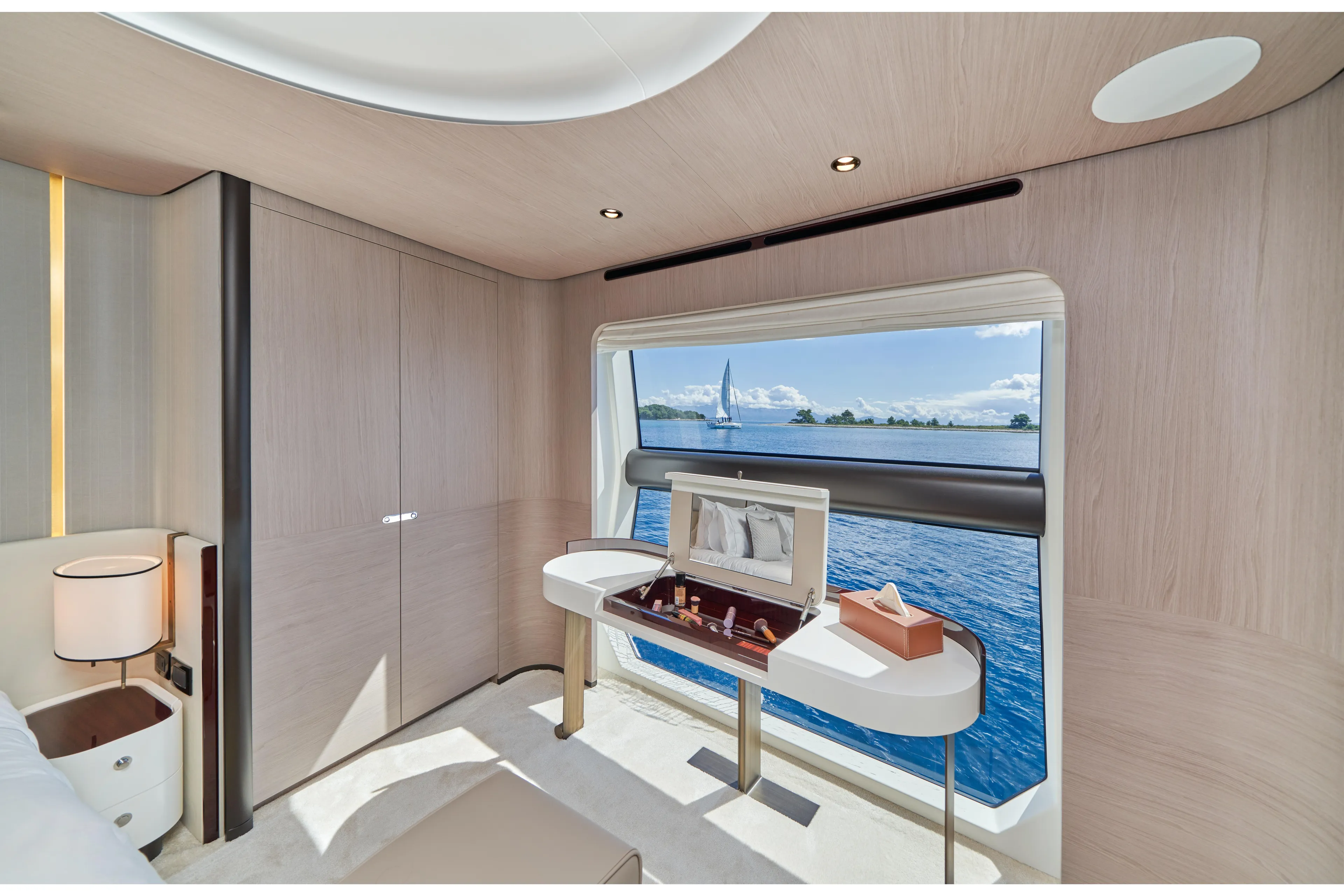 Aluminia Too Yacht Photos Pics Luxurious interior of 2024 Azimut Grande 27M yacht with ocean view window.