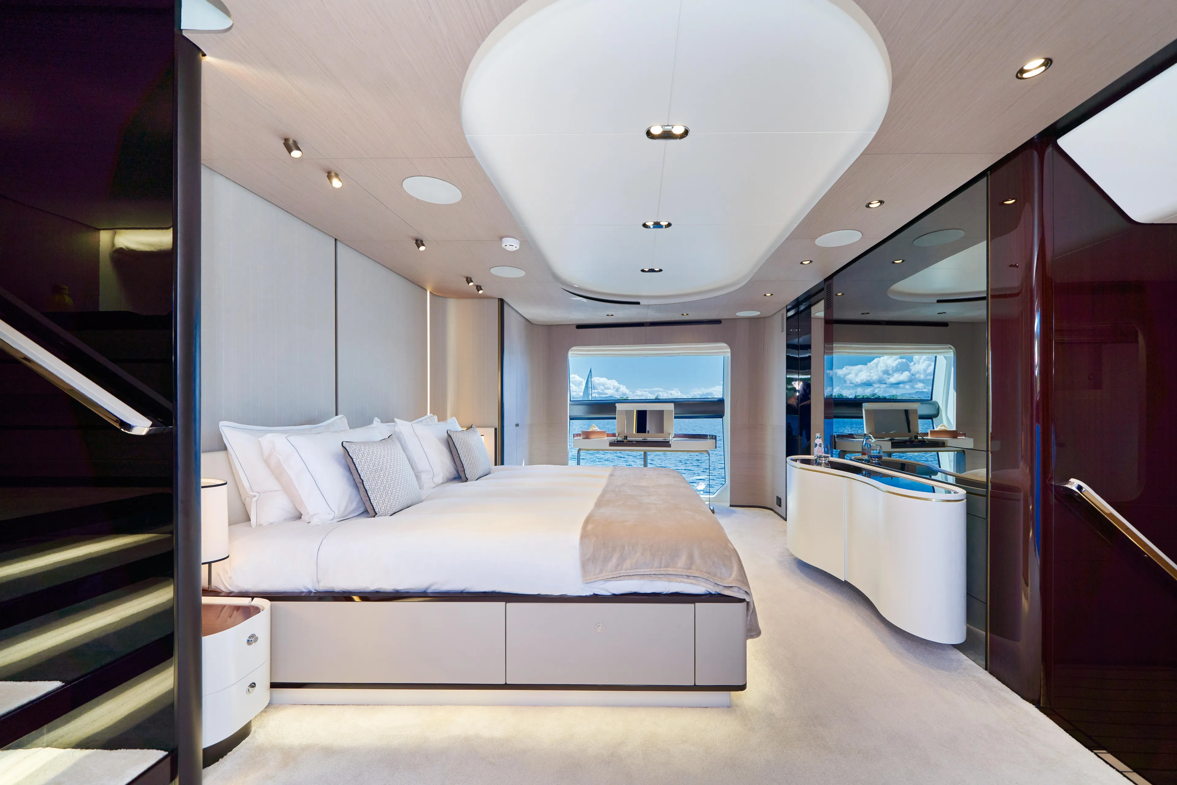 Aluminia Too Yacht Photos Pics Luxurious bedroom interior of 2024 Azimut Grande 27M yacht with ocean view.