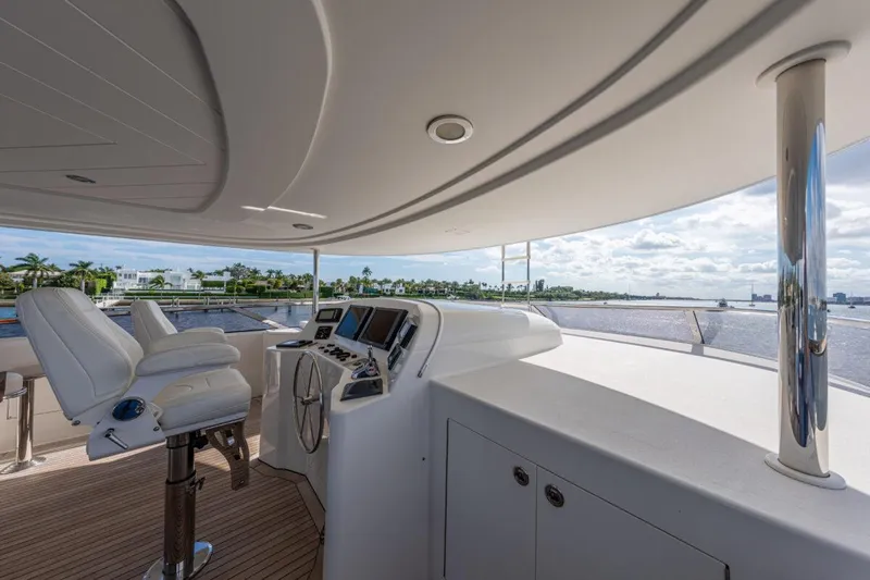 Spirit Yacht Photos Pics Helm station of 2010 Westport 112 yacht with white seating and navigation equipment.