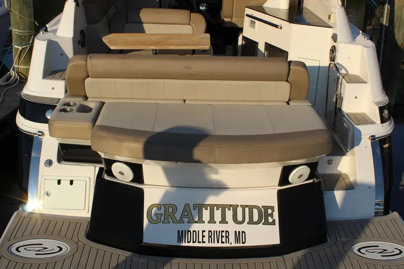 Gratitude Yacht Photos Pics 2015 Regal 35 Sport Coupe boat with seating, docked at Middle River, MD.