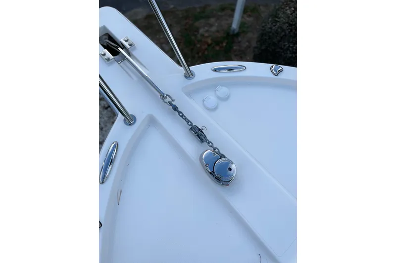  Yacht Photos Pics Bow of 2025 NorthCoast 285 HT boat with anchor chain and cleats.