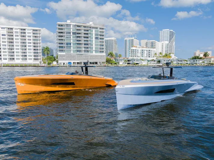  Yacht Photos Pics Two 2022 SAY Carbon Yachts 42 Open on water with cityscape background.