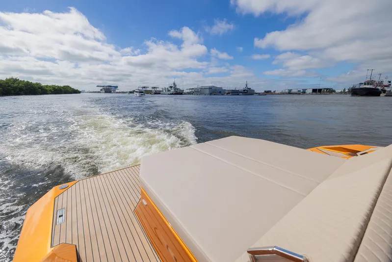  Yacht Photos Pics SAY Carbon Yachts 42 Open 2022 cruising on a sunny day, view from the deck.