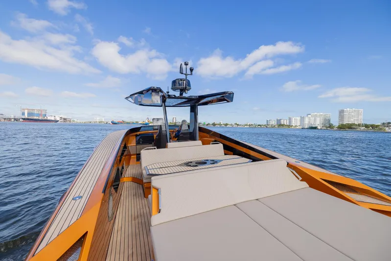  Yacht Photos Pics 2022 SAY Carbon Yachts 42 Open on calm waters with cityscape background.