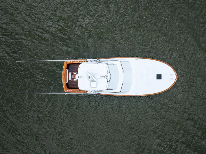 Megabite Yacht Photos Pics Aerial view of 1984 Custom Carolina Scarborough boat on water.