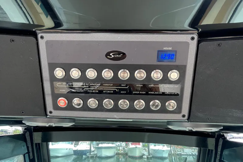  Yacht Photos Pics 2024 Scout 330 LXF control panel with switches and digital display.