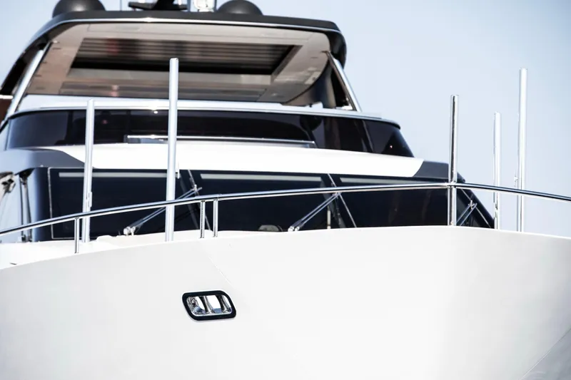  Yacht Photos Pics Sanlorenzo SL86 2017 yacht, sleek design, close-up of bow and deck details.