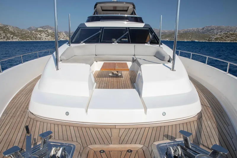  Yacht Photos Pics Sanlorenzo SL86 2017 yacht deck with seating, ocean view, and clear skies.
