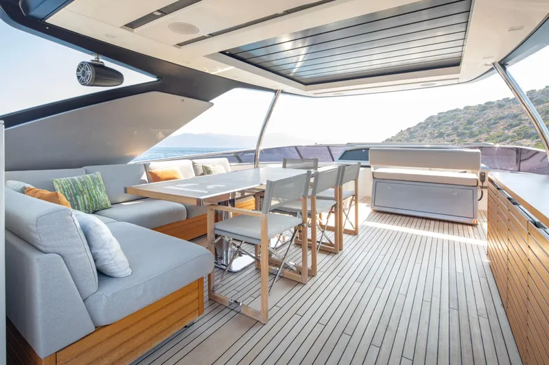  Yacht Photos Pics Luxurious 2017 Sanlorenzo SL86 yacht deck with elegant seating and dining area.