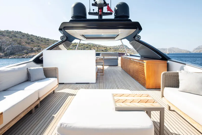  Yacht Photos Pics Luxurious 2017 Sanlorenzo SL86 yacht deck with elegant seating and ocean view.