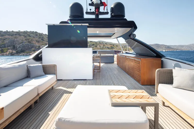  Yacht Photos Pics Luxurious 2017 Sanlorenzo SL86 yacht deck with elegant seating and ocean view.