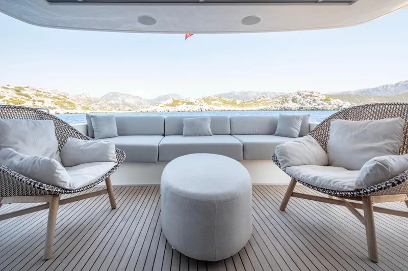  Yacht Photos Pics Luxurious Sanlorenzo SL86 yacht deck with elegant seating, ocean view, 2017 model.