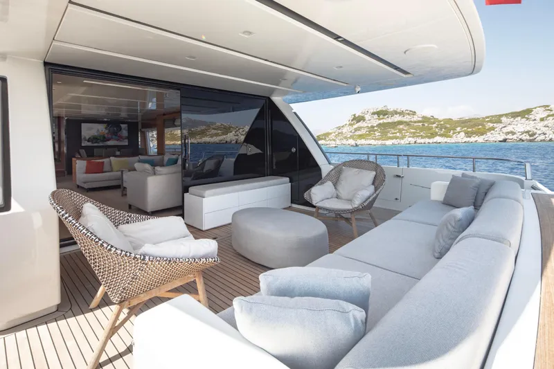  Yacht Photos Pics Luxurious 2017 Sanlorenzo SL86 yacht with elegant outdoor seating and scenic ocean view.