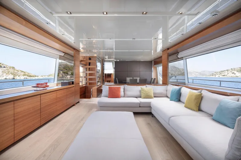  Yacht Photos Pics Luxurious interior of 2017 Sanlorenzo SL86 yacht with spacious seating and scenic ocean views.