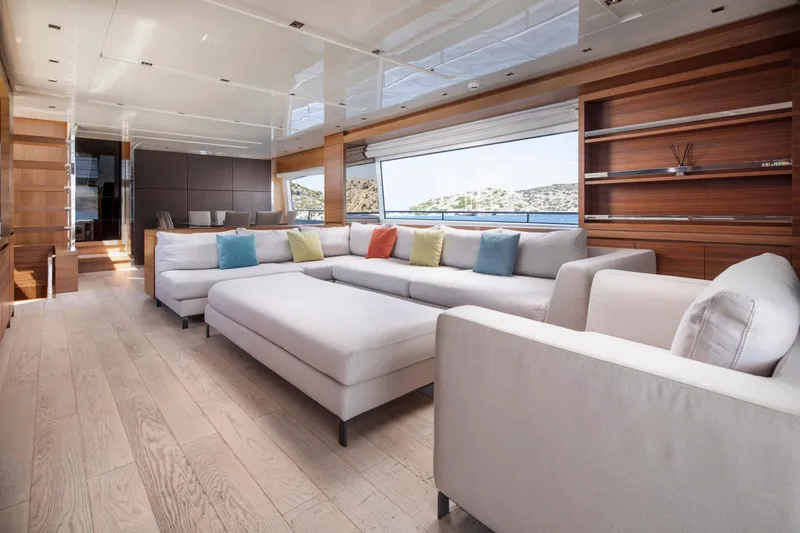  Yacht Photos Pics Luxurious interior of 2017 Sanlorenzo SL86 yacht with modern furnishings and ocean view.