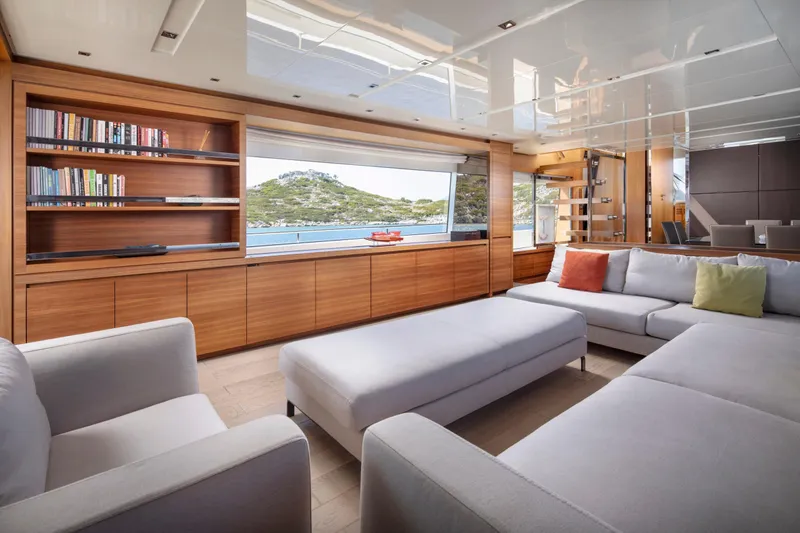  Yacht Photos Pics Luxurious interior of 2017 Sanlorenzo SL86 yacht with modern furnishings and scenic ocean view.