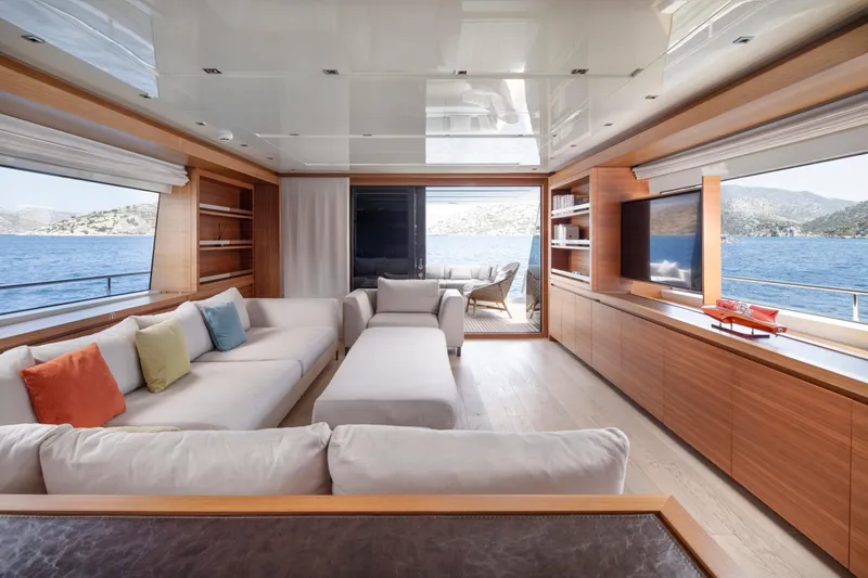  Yacht Photos Pics Luxurious Sanlorenzo SL86 yacht interior with modern decor and ocean view, 2017 model.