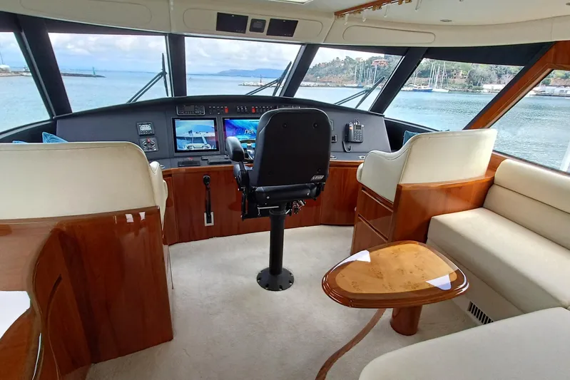 Tia Yacht Photos Pics Luxurious interior of 2017 Viking 62 Enclosed Bridge yacht with modern helm.
