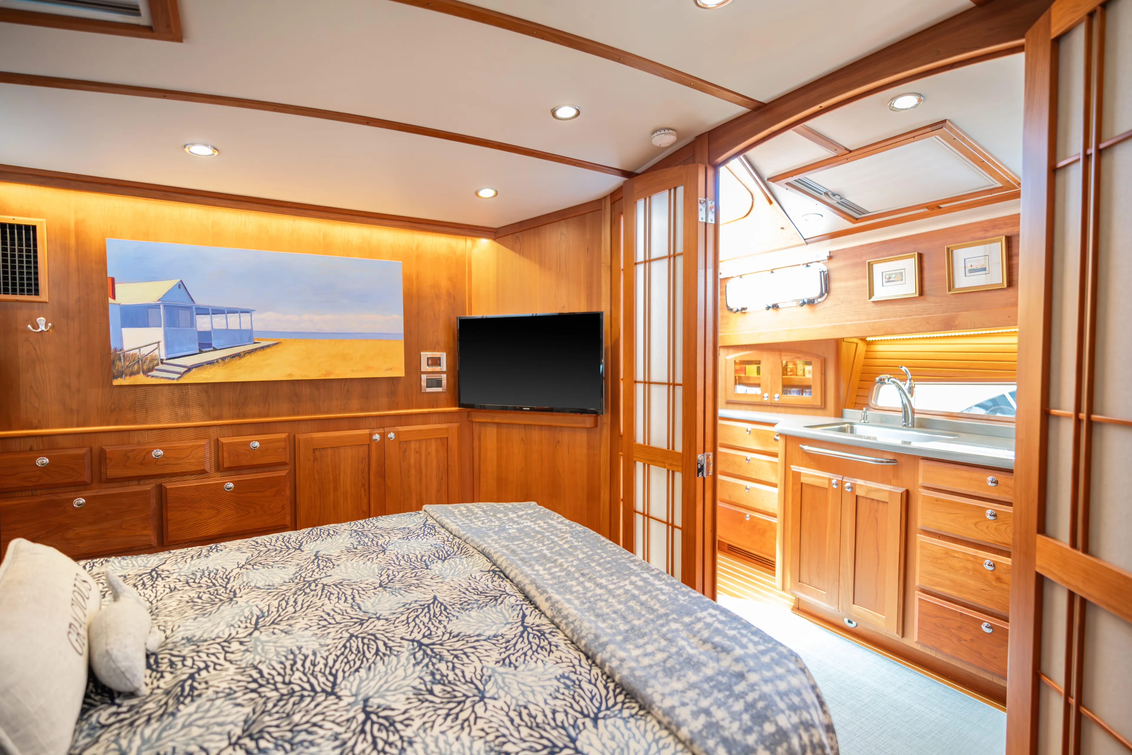 Gracious Yacht Photos Pics Luxurious 2020 Sabre 48 Salon Express yacht interior with elegant wood finish and modern amenities.