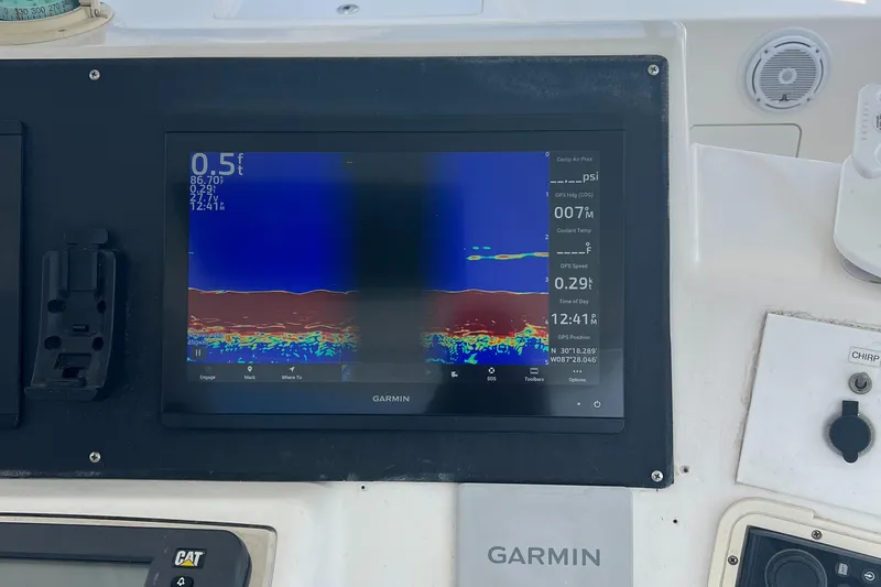  Yacht Photos Pics Garmin marine display on 2005 Cabo 40 Flybridge showing sonar and navigation data.