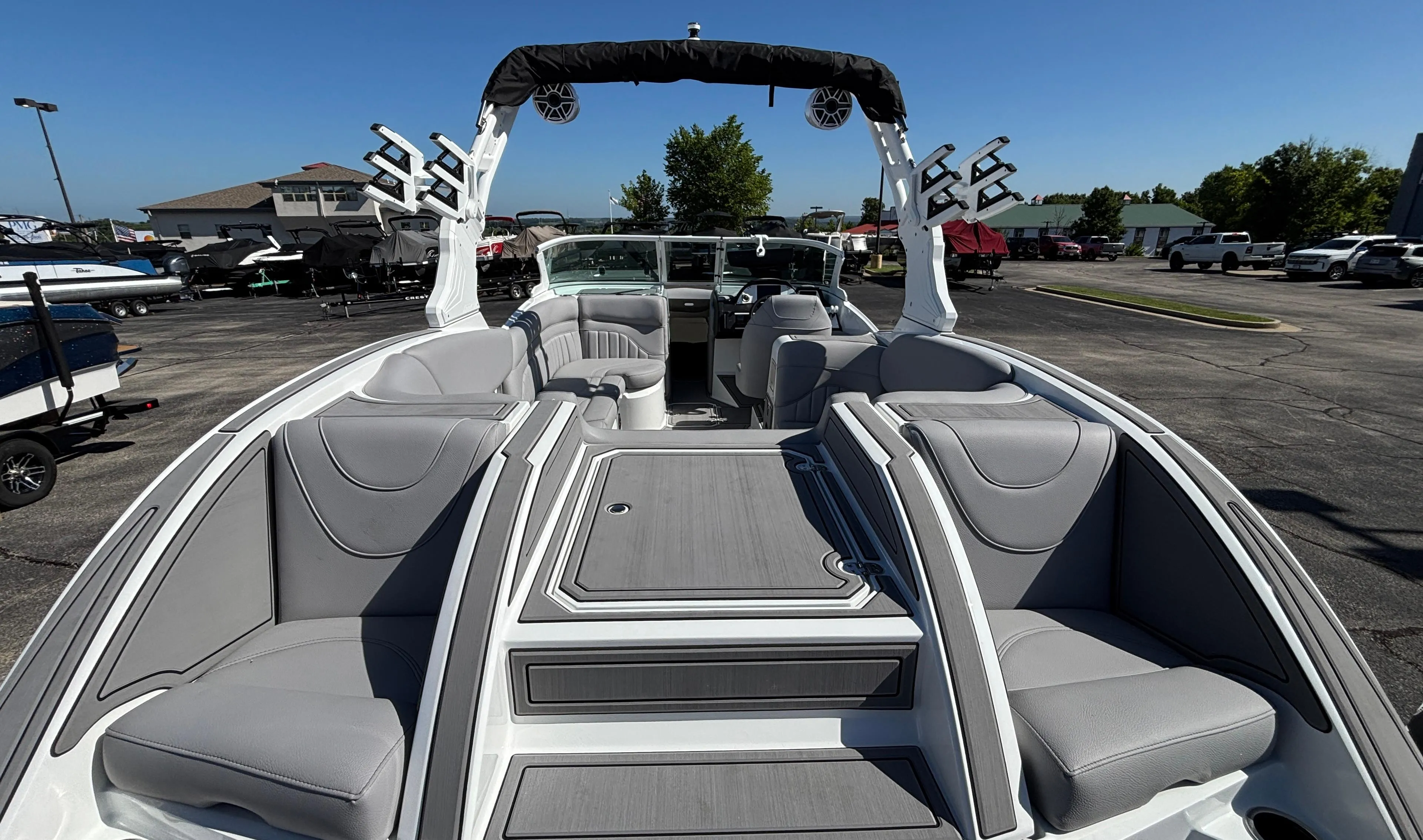 2025 MB B52 25 Alpha boat interior with sleek gray seating and modern design.