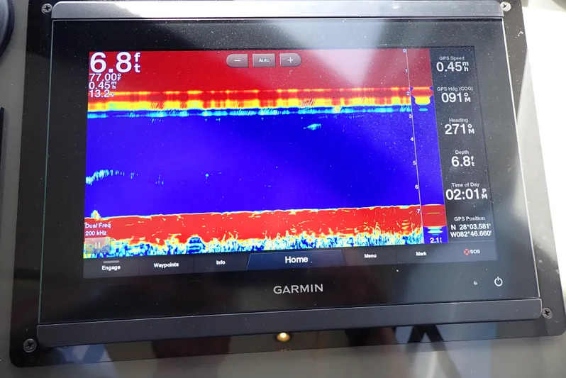  Yacht Photos Pics Garmin sonar display on 2019 Carver C37 Coupe, showing water depth and GPS data.