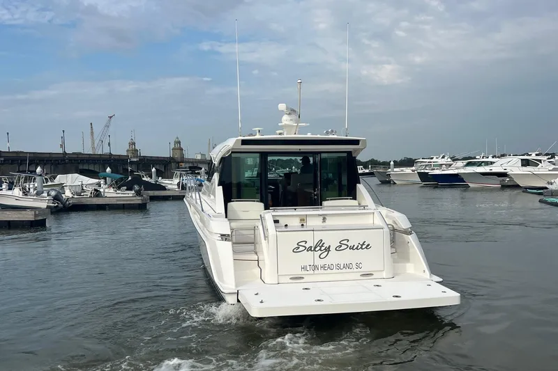 Salty Suite Yacht Photos Pics 2023 Tiara Yachts C44 Coupe docked at marina, Hilton Head Island, SC.