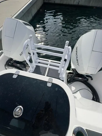 Hull 106 Yacht Photos Pics 2025 Hammer Yachts HammerCat 30 with dual Mercury outboard engines at dock.