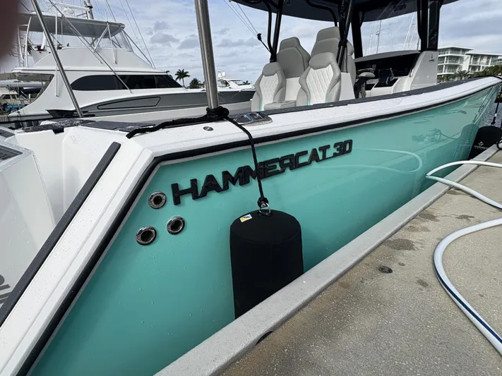 Hull 106 Yacht Photos Pics 2025 Hammer Yachts HammerCat 30 docked, showcasing sleek design and modern seating.