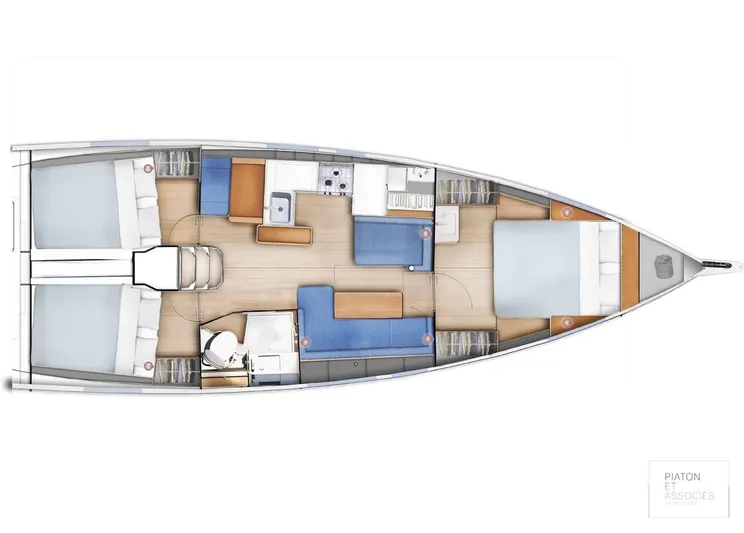  Yacht Photos Pics 2024 Jeanneau Sun Odyssey 410 interior layout with cabins, kitchen, and seating areas.