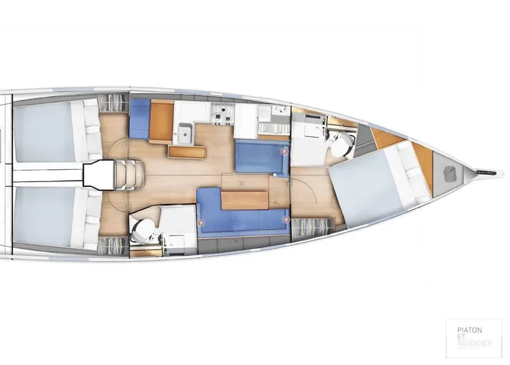  Yacht Photos Pics 2024 Jeanneau Sun Odyssey 410 interior layout with cabins, kitchen, and bathrooms.