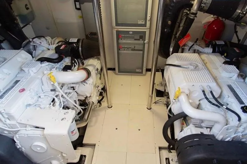 Boa Sorte Yacht Photos Pics Engine room of 2017 Azimut Magellano 53 yacht, featuring dual engines and control systems.