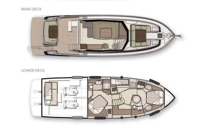 Boa Sorte Yacht Photos Pics Deck layout of 2017 Azimut Magellano 53 yacht, showcasing main and lower deck designs.